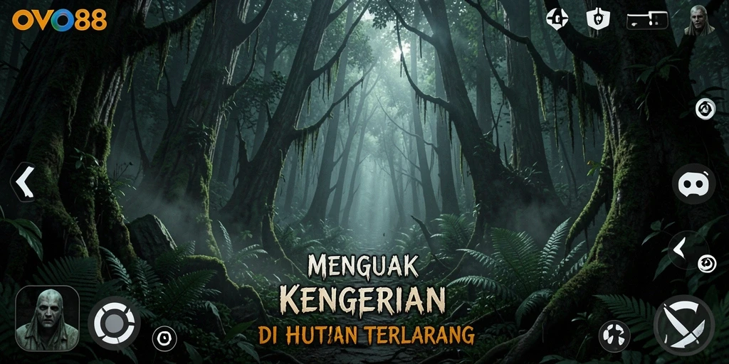Tampilan antarmuka OVO88 dalam suasana hutan horor yang mencekam.